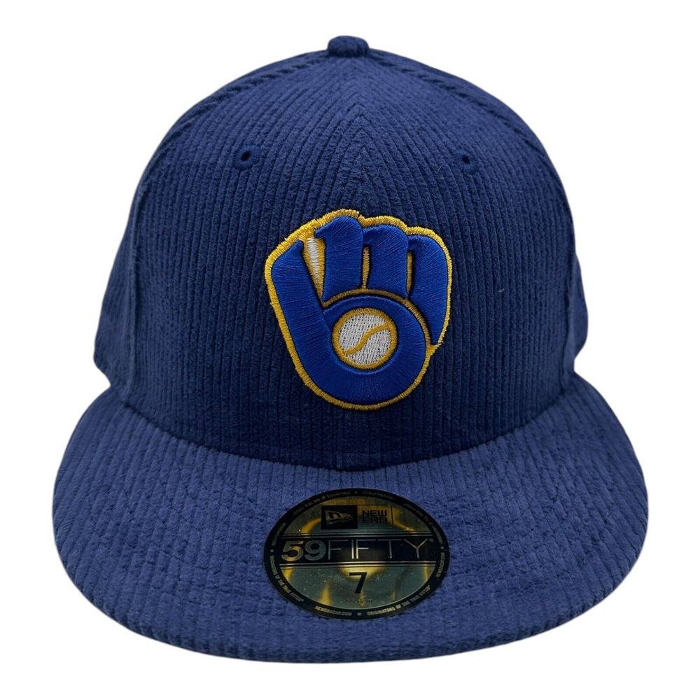 New Era 59Fifty Milwaukee Brewers Hat Cap Sz 7 Royal Blue Corduroy MLB Baseball